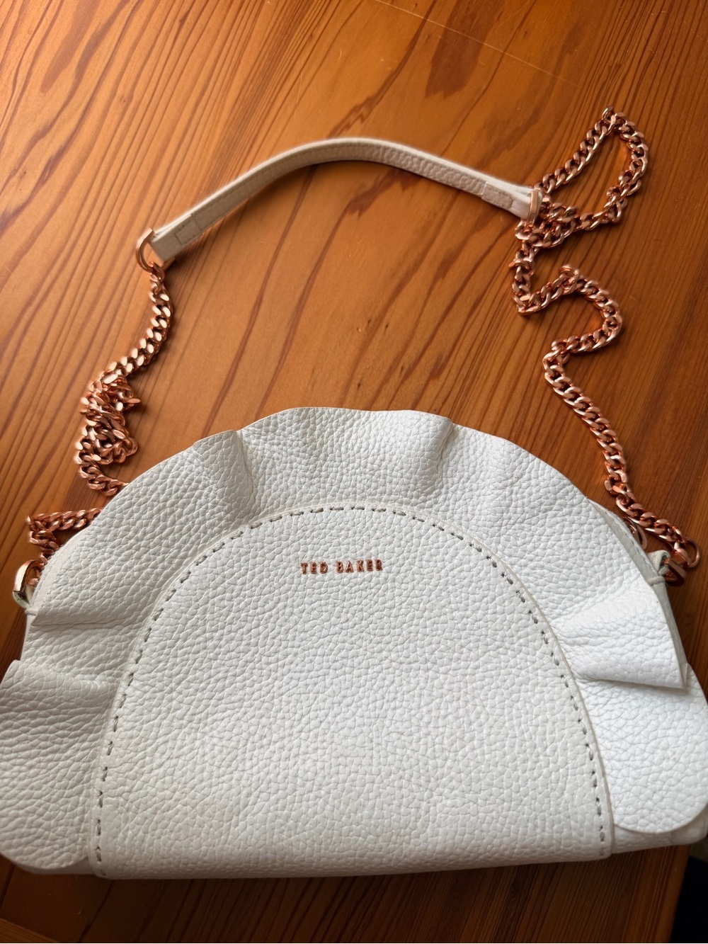 Ted Baker London Roseeyy White Ruffle Crossbody Purse with Rose Gold Chain